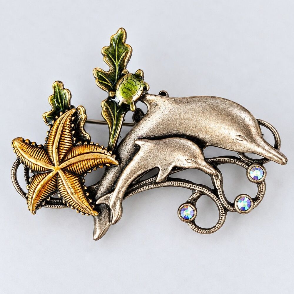 Kenneth Cole Dolphin Starfish Brooch Two Tone Rhinestone Nautical Pin #1440